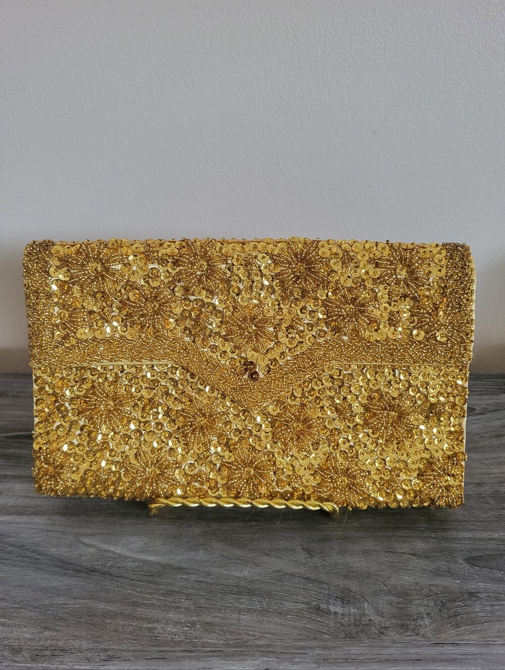 Vintage Richere Gold Sequin Beaded Clutch Bag Hong Kong 1960s - Picture 2 of 13